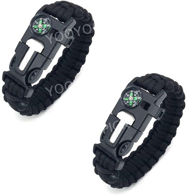파라코드 생존 팔찌 나침반 파이어스타터 호루라기 캠핑 등산 서바이벌 장비 생존팔찌, 1개, 검은색 2개