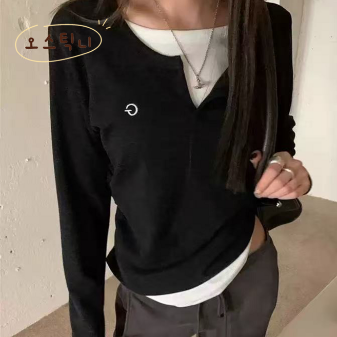 오스틱니 초특가 여성용 봄가을 슬림핏 레이어드 스타일 긴팔 티셔츠