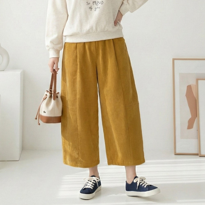데일리앤 베티 여성 8부 코듀로이 와이드 벌룬 밴딩 큐롯 팬츠 치마바지