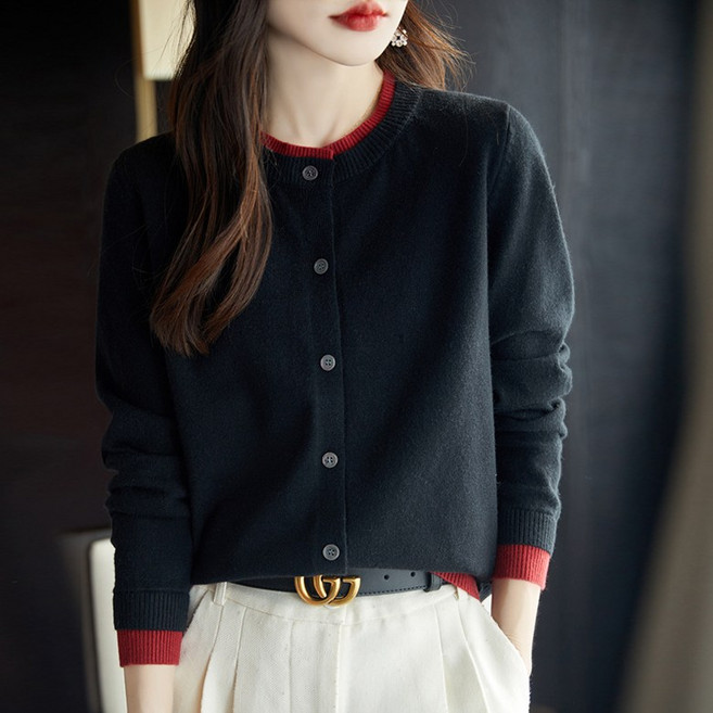 히트앤씨 4122 투톤 라운드 니트가디건 여성 봄 가을 긴팔