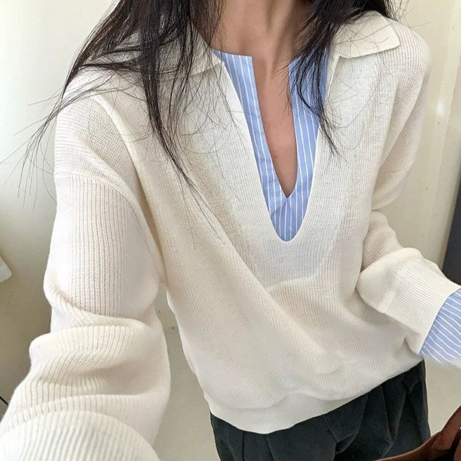 Akimu 여성 레이어드 니트 배색 스웨터 니트티