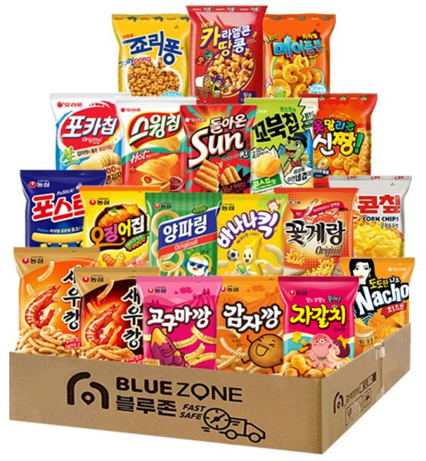 블루존 인기스낵 20종 A세트(새우깡+매새+감자깡+고구마깡+자갈치+포스틱+오징어집+바나나킥+양파링+나초+
