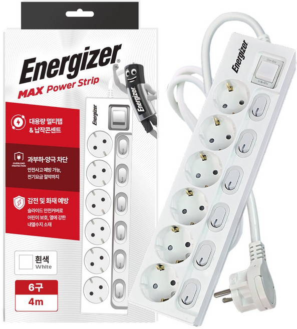 에너자이저 개별스위치 멀티탭 6구 납작플러그 과부하차단 16A, 1개, 화이트(개별스위치 6구), 4m