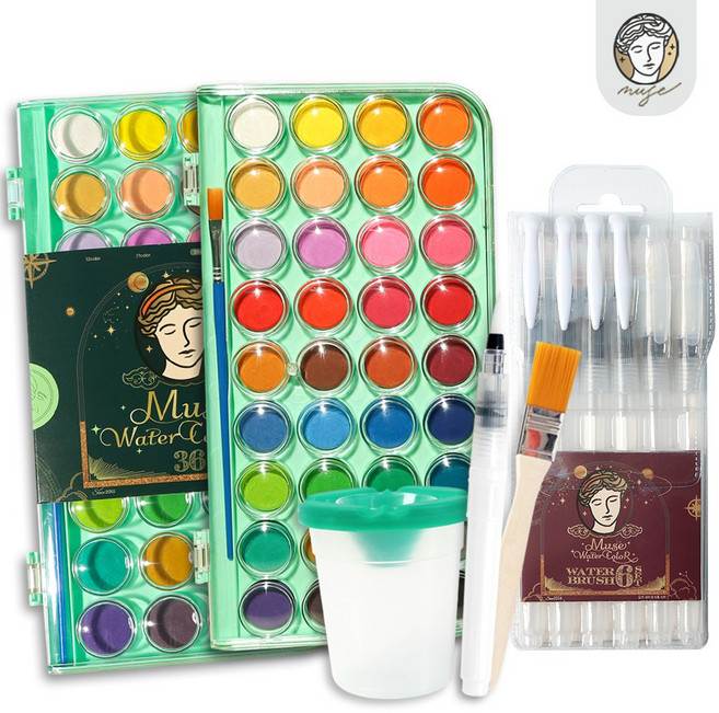 뮤즈 올인원세트 36색 고체물감 x 2P + 뮤즈 워터붓6종 + 매직물통 + 탱탱평붓 + 뮤즈 워터붓 소, 1세트