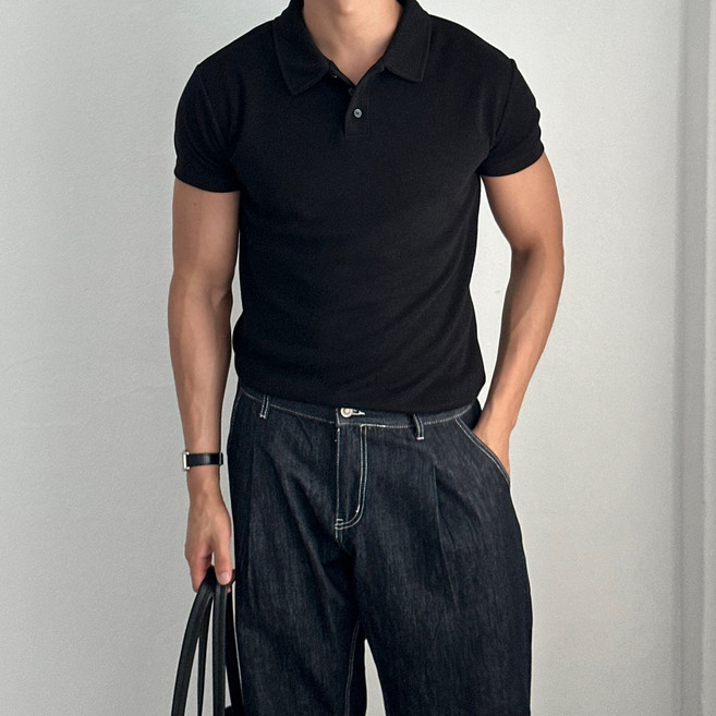 르위 머슬핏 기능성 반팔 카라 니트 티셔츠