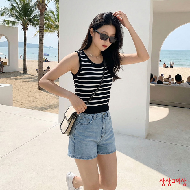 상상그이상 여성용 썸머 단가라 니트 나시 심플 줄무늬 민소매 배색 신축성좋은 나시탑 데일리 스트라이프 나시티