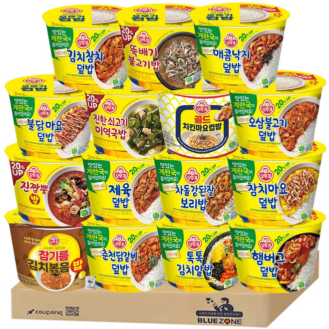 오뚜기 컵밥 20% UP 계란국포함15종 세트(김참+뚝불+매콤낙지+불닭마요+미역국+치킨마요+오삼+진짬뽕+제육+차된+참치마요+김볶+춘닭+김치알밥+햄버그)