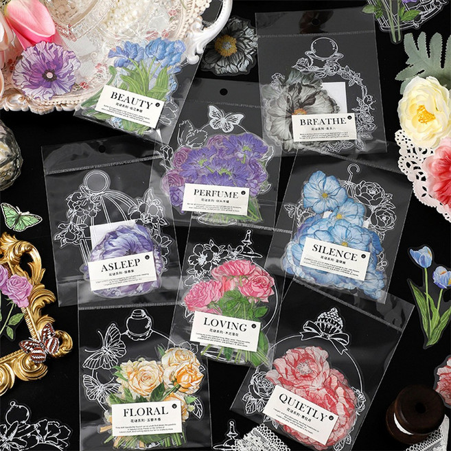 빈티지 일러스트 꽃 플라워 다꾸 스티커, 6.스카이 (ST-3315)