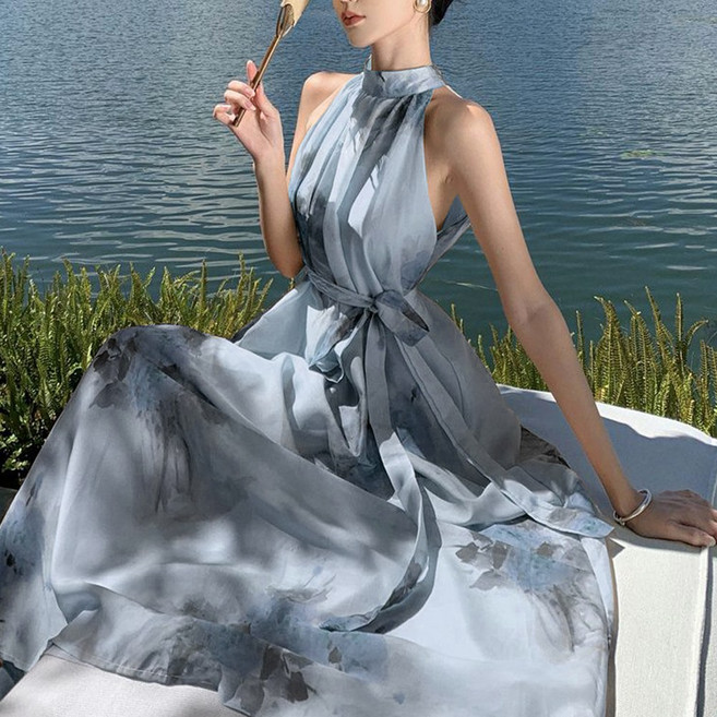 루비루 RB3044 홀터넥 플라워 나염 허리 스트링 롱 원피스