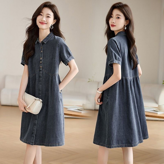 지고다그 여름 반팔 텐셀 데님 셔츠 원피스 빅사이즈 캐주얼 슬림핏 고급스러운 느낌HH1156