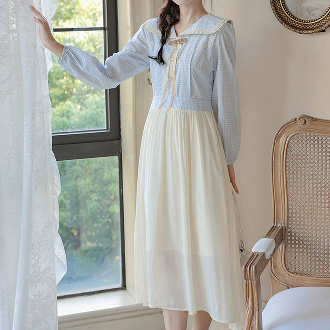 (대여) 블루체크 빅카라 브이넥 쉬폰 원피스 경성의상