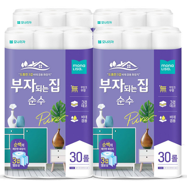 부자되는집 순수데코 25m 3겹 30롤x3팩 90롤, 30롤, 4개