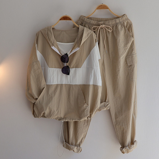 여성 배색 후드 아노락 카고 조거 팬츠 바람막이 스트링 트레이닝 세트