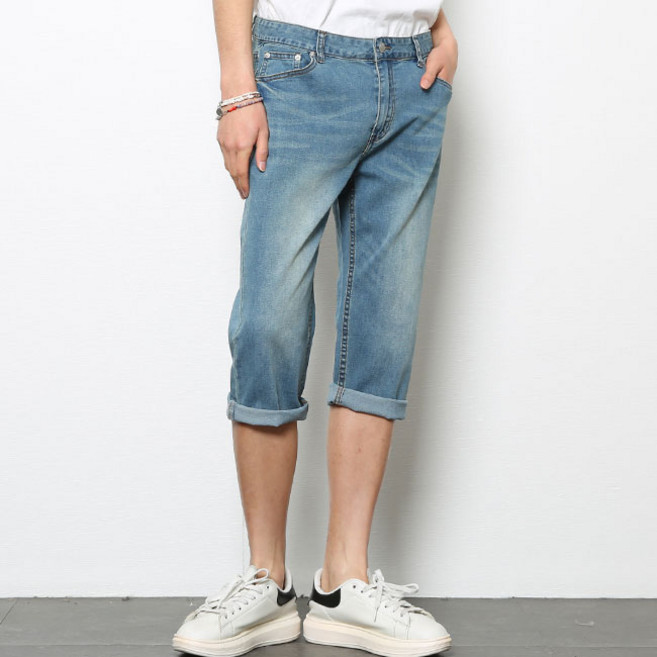 남성 여름바지 베이직 캣워싱 스판 7부 연청 반바지