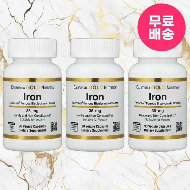 [3개 세트] 캘리포니아골드뉴트리션 Ferrochel 철분 비스글리시네이트 36mg 베지캡슐 90정, 3개 - 쿠팡