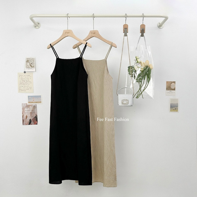 Fee 直坑條細肩帶洋裝 舒適透氣長裙 多色可選, 現貨-黑色F