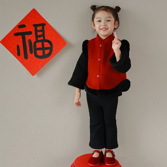 女童中式旗袍馬甲 冬季新款寶寶中國風拜年服 加絨加厚保暖年服