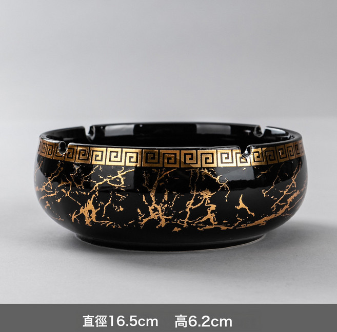 創意菸灰缸大號超大中式個性陶瓷菸缸家用客廳辦公室防風煙灰缸, 1個, 大號鎏金線條菸缸-亮光黑:90