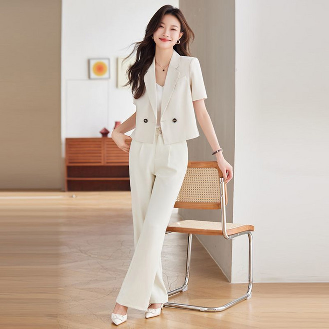 IWMAFT 여성 여름 노카라 반팔 재킷 슬랙스 투피스 세트 버튼 포인트 루즈핏 오피스룩 FC430