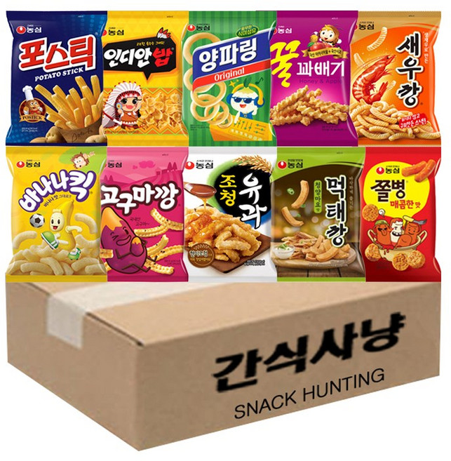 간식사냥 농심 스낵세트 10종 새우깡+고구마깡+조청유과+먹태깡+쫄병매콤한맛+포스틱+인디안밥+바나나킥+양파링+꿀꽈배기, 1개, 83g