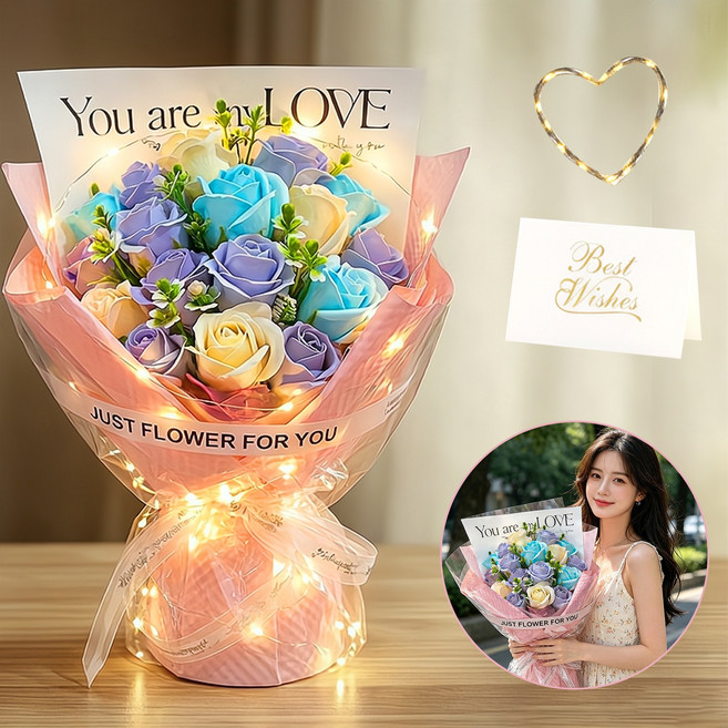 WAIJER 그라데이션 비누꽃 꽃다발 20송이 LED 장미 선물 생일 기념일 프로포즈 어버이날 선물, 블루, 1개
