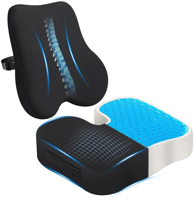 젤 시트 쿠션 및 요추 지지 베개 세트 테일본 좌골 를 위한 쿨링 메모리 폼 인체공학적 사무용 의자 자동차용 통기성 메쉬 커버 가정용 휠체어(블랙), Black Gel Cool