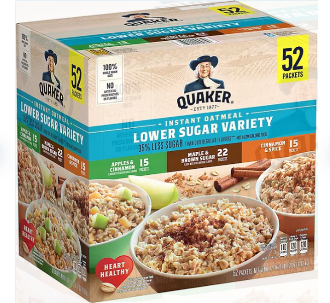 Quaker Lower Sugar Instant Oatmeal Variety Pack 퀘이커 로우 슈가 인스턴트 오트밀 버라이어티 팩 1.72kg, 1개