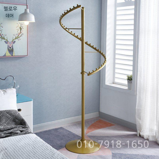 360도 회전 바닥 옷걸이 나선형 행거 S자형 철제 철제랙 스탠딩 코너, 표준, 골드(180x62cm)