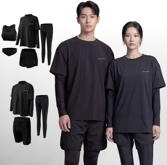 오로라선데이 올블랙 래쉬가드 남녀 루즈핏 빅사이즈 무지 체형커버 비치웨어 남성 3종 여성 5종 세트, 남성(4XL)