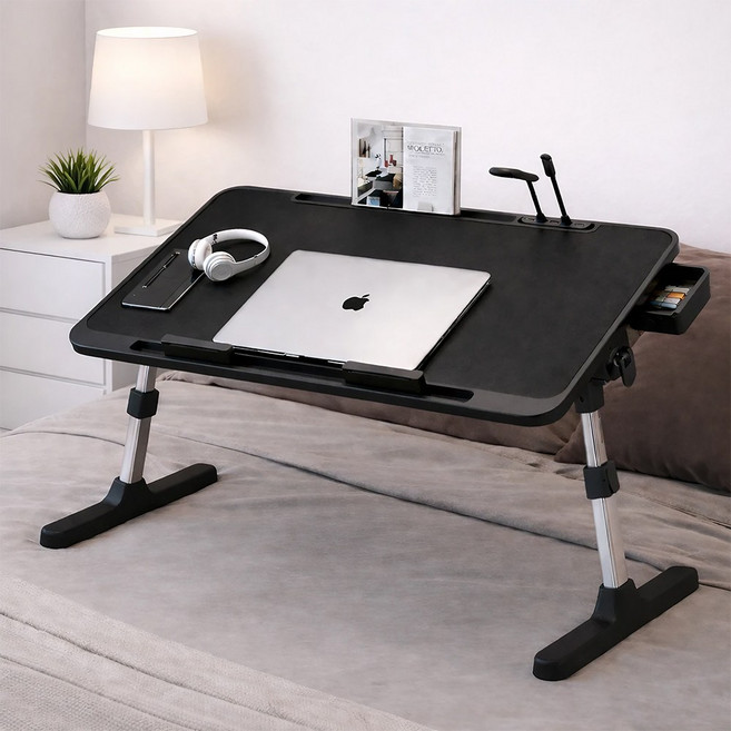 라온프리 5단 각도조절 접이식 침대 테이블, 블랙 고급형