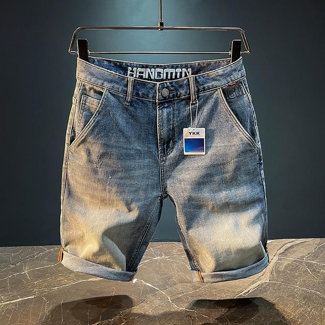 ROYALBELLE 남성 얇은 데님 반바지 스트레이트 루즈핏 디자인 캐주얼 5부 청바지 D0041447