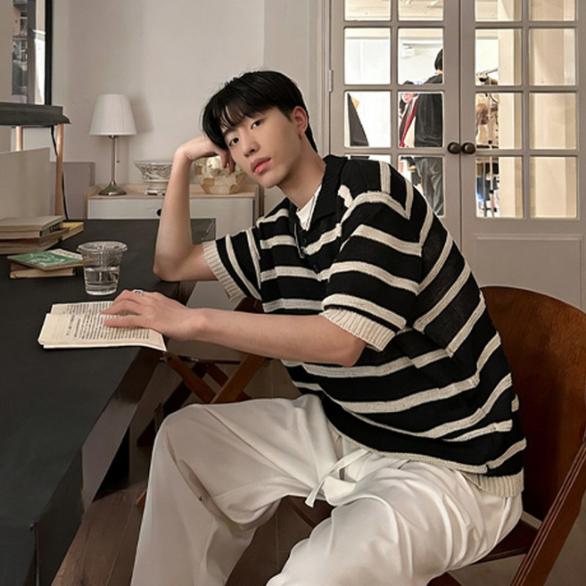 스타일닥터 여름 스트라이프 배색 폴로 니트 남성 반팔 카라 루즈핏 티셔츠