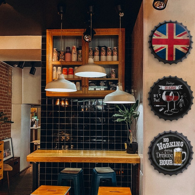 레트로 빈티지 펍 카페 인테리어 철제 병뚜껑 포스터 벽걸이 액자, 유니언잭