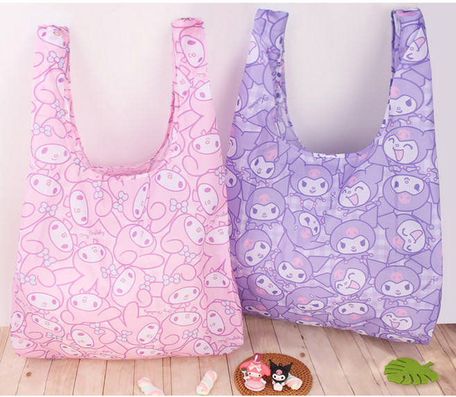 산리오 마이멜로디 쿠로미 패턴 접이식 장바구니 휴대용 쇼핑백, 쿠로미(퍼플), 1개