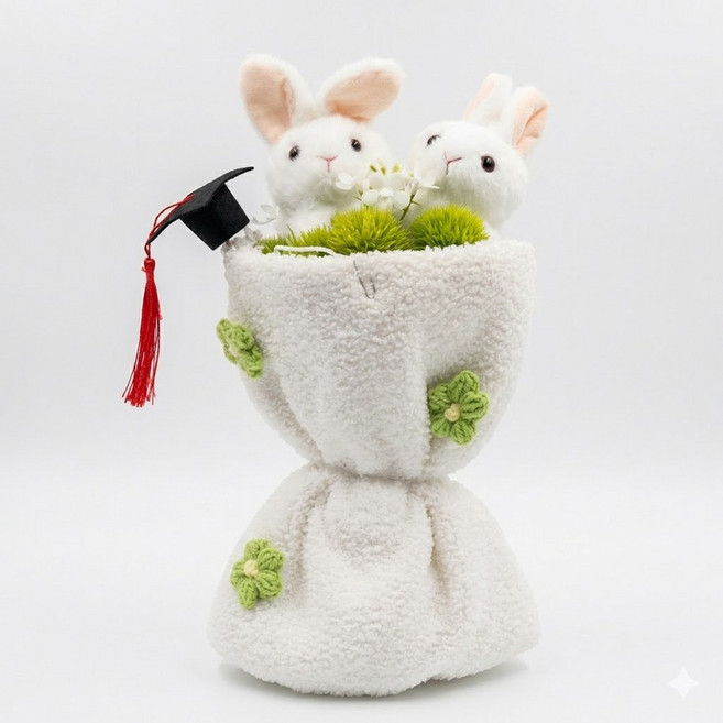畢業兔子玩偶花束，兩隻可愛兔子，附學士帽與燈串裝飾, 兔, 1件