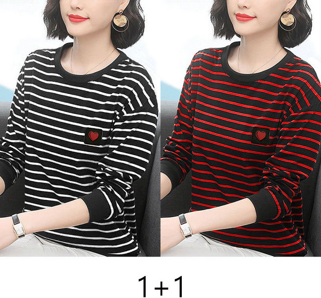 봄 가을 1+1 중년 여성 긴팔 티셔츠 캐주얼 라운드 긴팔티 루즈핏 데일리 레깅스 상의 기질 스트라이프 티셔츠 MJS