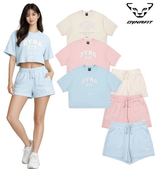 [매장정품] 다이나핏 YWM23245371 여성 PEEPS (핍스) 반팔크롭 티셔츠+3.5부 반바지세트_GNST