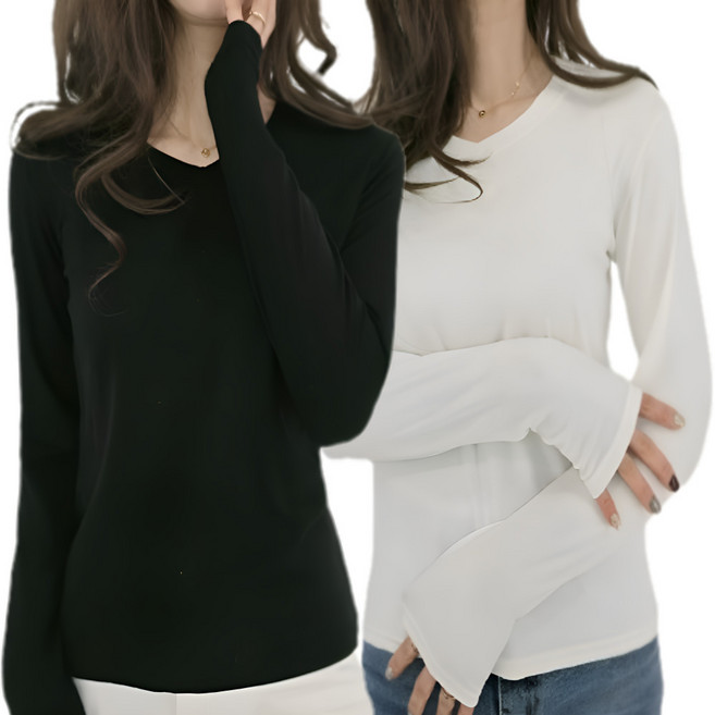 제이지나 여성 브이넥 긴팔티 긴팔 티셔츠 2종 세트