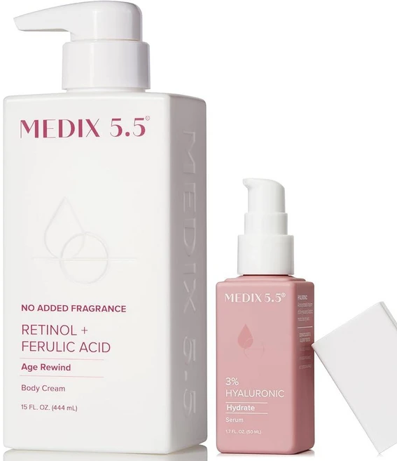 MEDIX 무향 퍼밍 레티놀 바디 로션 + 3% 히알루론산 세럼 부스터 2피스 스킨 케어 세트 | 크레이프 트리트먼트 피부 및 건조한 피부용 안티에이징 크림 페이스 모이스처라이, 무향 레티놀 크림 + 3% 히알루론산 세럼 세트 - 쿠팡
