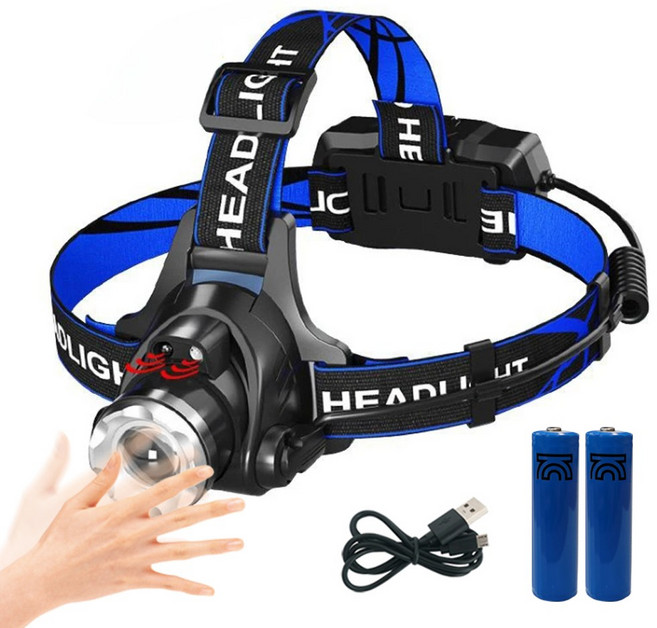 동작인식 줌 충전식 헤드랜턴 + 보호회로 18650 배터리 2개 + 충전케이블, 1세트