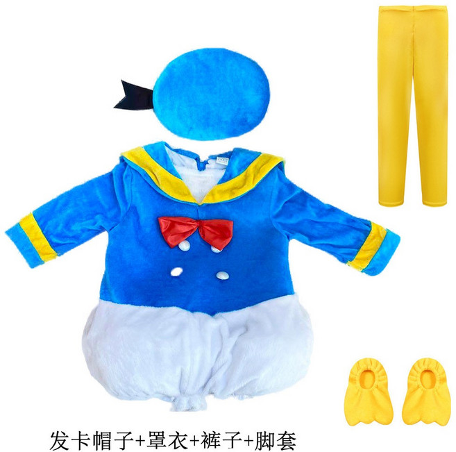 兒童唐老鴨造型服 萬聖節派對變裝表演服, 1個, 唐老鴨夏款罩衣+帽子+褲子+腳套,鑰匙扣連珠*1