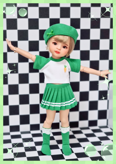 #파올라레이나 32cm 옷( 데일리 3종세트(비비드 그린) )[마구샵]#구체관절인형#bjd#인형옷#다락아이#관절바디#완제품, 베레모추가안함, 1개