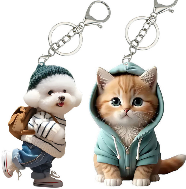 심쿵 귀여움 가득 고양이와 비숑 강아지 키링 1+1, 1개, 비숑과 후드냥이