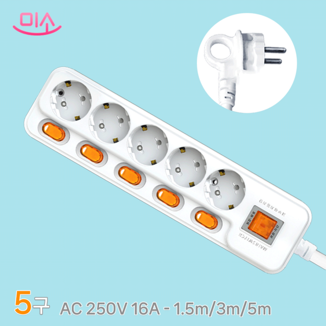 국산 현대 개별+과부하차단 콘센트 멀티탭 5구, 1개, 3m