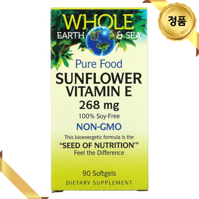 Whole Earth & Sea Sunflower Vitamin E 홀 얼스 앤 씨 선플라워 비타민 E 268mg 90소프트젤, 1개, 90정 - 쿠팡