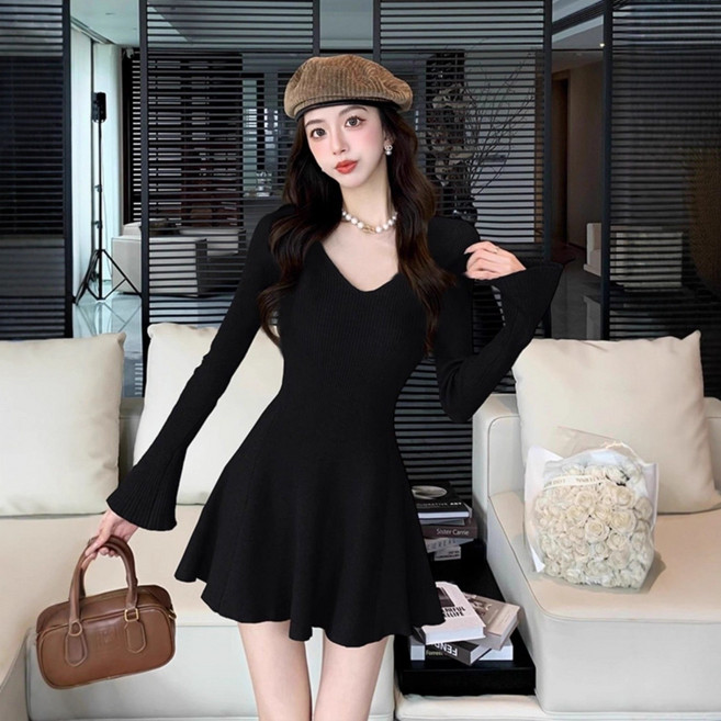 ANYOU 슬림핏 허리라인 강조 V넥 원피스 섹시 A라인 롱슬리브 니트 데일리
