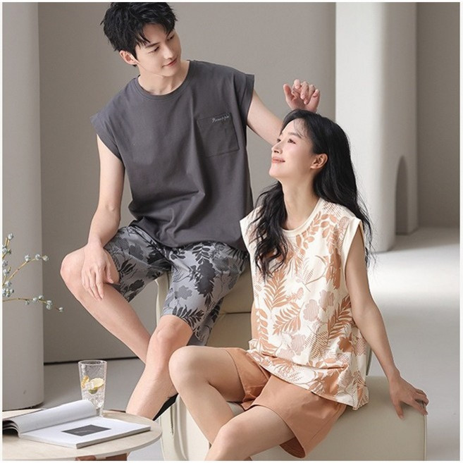 Wiseha 커플 여름 잠옷 세트 빅사이즈 파자마 라운지웨어 면 실내복 홈웨어