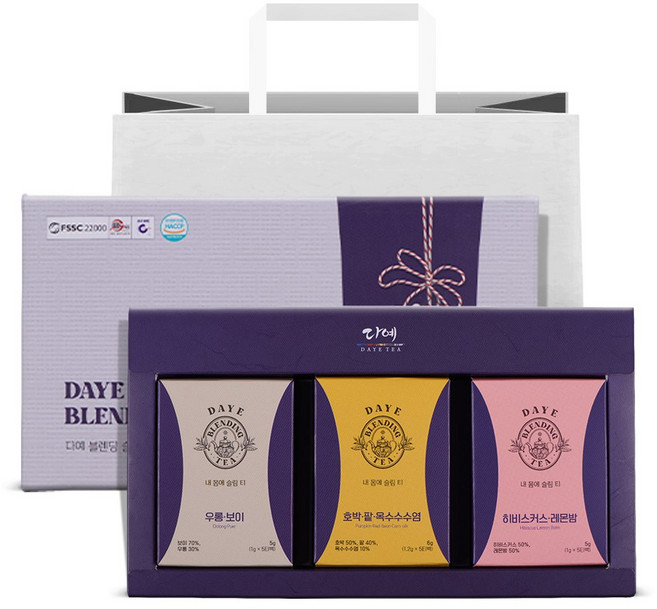 [본사직영] 다예 블렌딩 슬림티 3종 차 선물세트 쇼핑백+히비스커스 레몬밤+우롱 보이+호박 팥 옥수수수염, 1세트