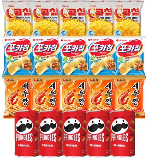 (미니스낵시리즈) MINI 포카칩 오리지널 30g+콘칲 44g+새우깡 30g+프링글스 오리지널 53g, 1세트, 각5개(총20개)