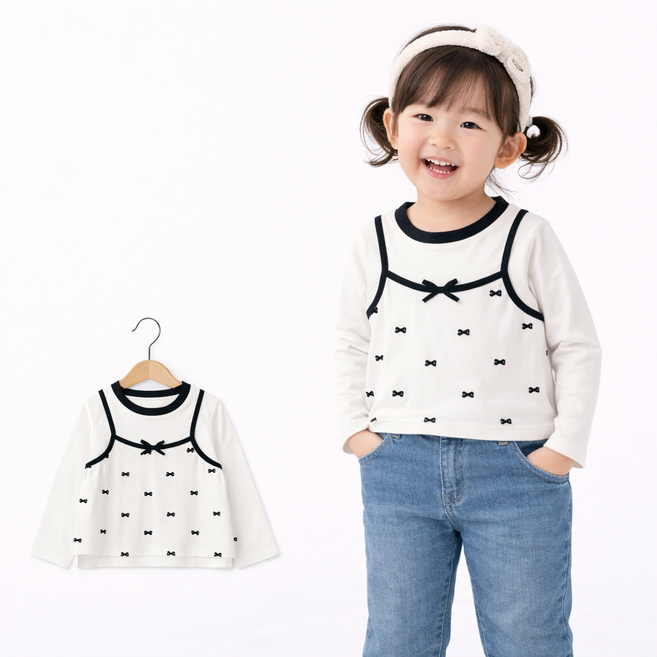 여아 유아동 예쁜 긴팔 티셔츠 레이어드 리본플리긴팔티셔츠